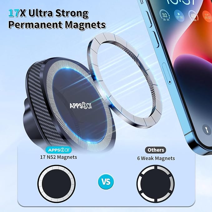 APPS2Car for MagSafe Car Mount, Magnetic Phone Holder for Car Dashboard Windshield iPhone Mount Holder Compatible with iPhone 17 16 15 14 13 12 Pro Plus Max, 17 Strong Magnets, Charging Not Supported