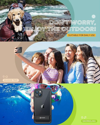 Lanhiem for iPhone 15 Case with Kickstand, IP68 Waterproof Dustproof Built-in Screen Protector, Full Body Shockproof Protective Front and Back Cover for iPhone 15, 6.1 Inch (Black)