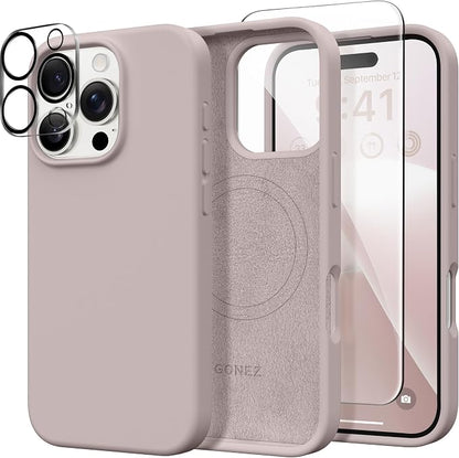 GONEZ Magnetic for iPhone 16 Pro Case, Compatible with MagSafe, [Screen Protector + Camera Lens Protector], Silicone Shockproof Anti-Scratch Protective Phone Case 6.3 inch, Light Taro