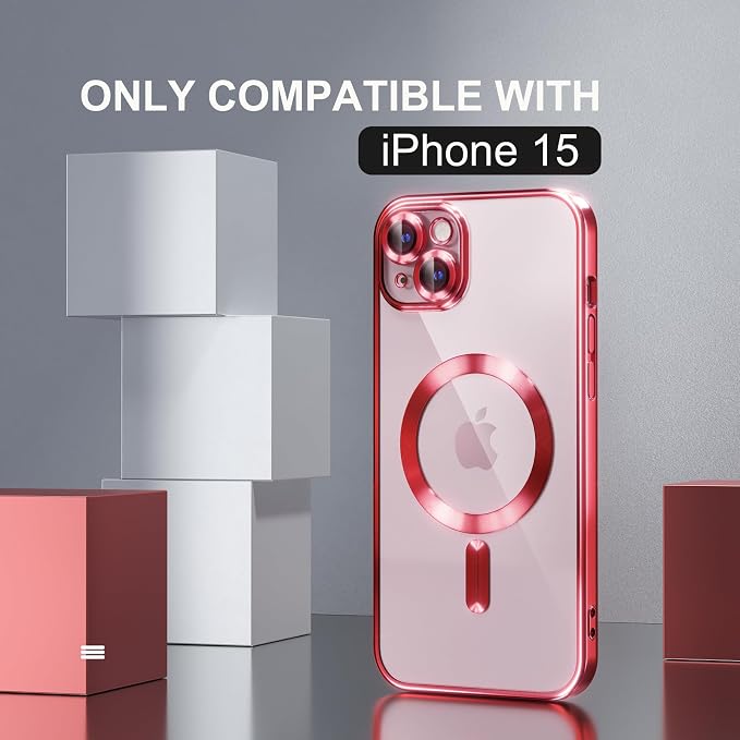 Misea Magnetic for iPhone 15 Case Compatible with MagSafe [Never Yellowing] [Military Grade Drop Protection] Full Camera Lens Protector Plating Soft Clear Phone Case for Women, Red