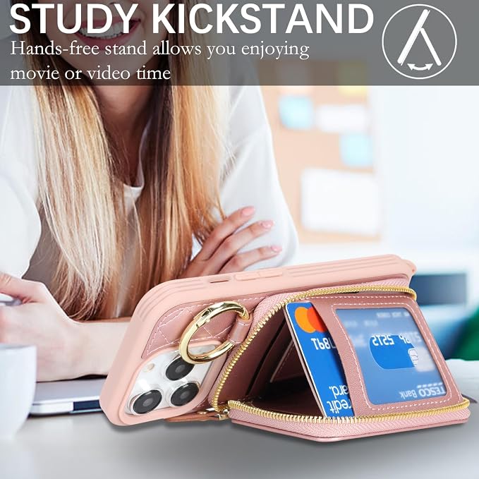 Crossbody Wallet Case for iPhone 14 Pro, PU Leather Zipper Handbag Purse Flip Cover, Kickstand Folio Case with Card Slots Holder Wrist Strap Lanyard 5G 6.1 Inch-Rose Gold