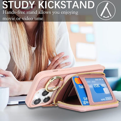 Crossbody Wallet Case for iPhone 14 Pro, PU Leather Zipper Handbag Purse Flip Cover, Kickstand Folio Case with Card Slots Holder Wrist Strap Lanyard 5G 6.1 Inch-Rose Gold