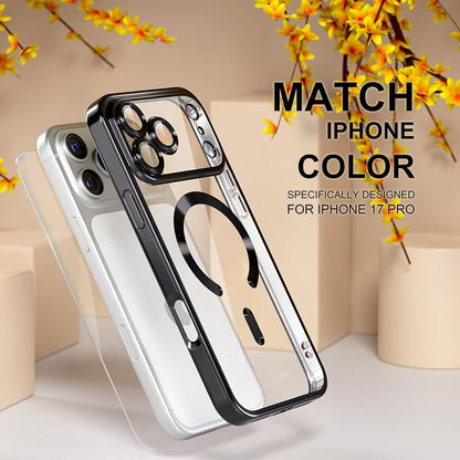 Misea Magnetic for iPhone 17 Pro Case Compatible with MagSafe [Never Yellowing] [Military Grade Drop Protection] Full Camera Lens Protector Plating Soft Clear Phone Case for Women, Black
