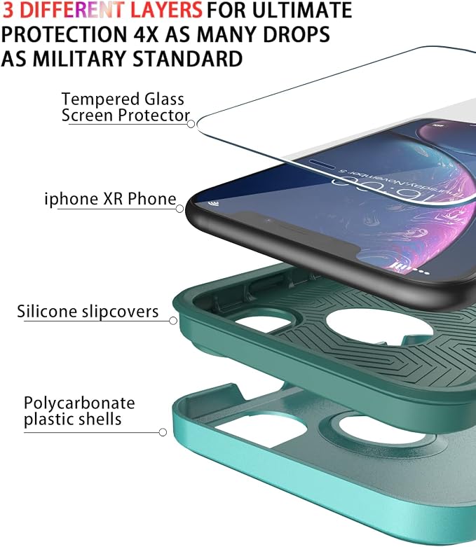 Diverbox for iPhone XR Case [Tempered Glass Screen Protector] [Shockproof] [Dropproof] Heavy Duty Protection Phone Case Cover for Apple iPhone XR (Teal)