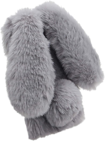 Rabbit Ear Case for iPhone 14 6.1, Crossbody Strap Case Fuzzy Fluffy Cute Women Girls Kids Plush Ball Bunny Fur Phone Case Shockproof Silicone Bumper Protective Cover,Light Gray