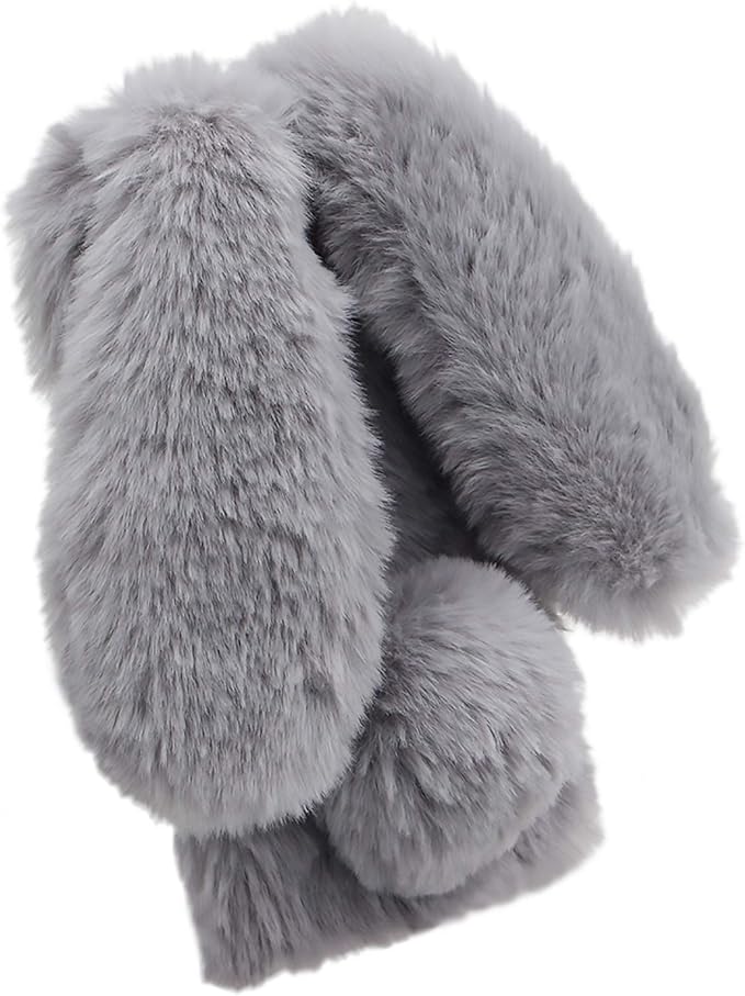 Rabbit Ear Case for iPhone 14 Plus 6.7, Crossbody Strap Case Fuzzy Fluffy Cute Women Girls Kids Plush Ball Bunny Fur Phone Case Shockproof Silicone Bumper Protective Cover,Light Gray