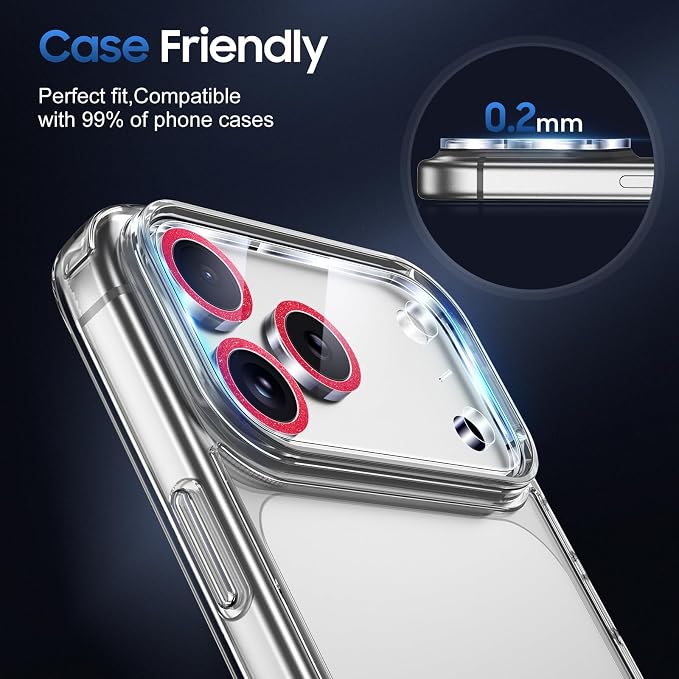 UniqueMe Compatible for 3 Pack iPhone 17 Pro Max Camera Lens Protector - [Drop Protection] [Case Friendly] 9H Tempered Glass Camera Cover Screen [Update New Version] - Glitter Red