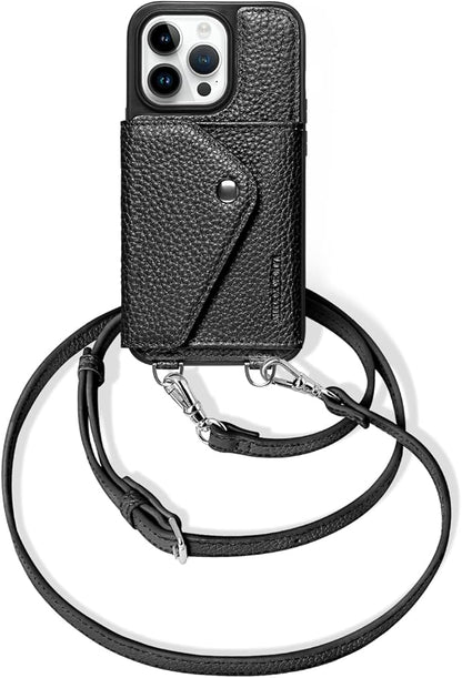 LUCKYCOIN for iPhone 14 Pro Crossbody Wallet Case – Genuine Leather Phone Purse with Adjustable Strap and Card Holder,Lanyard Phone Purse Case for Women,Pebble Grain Black