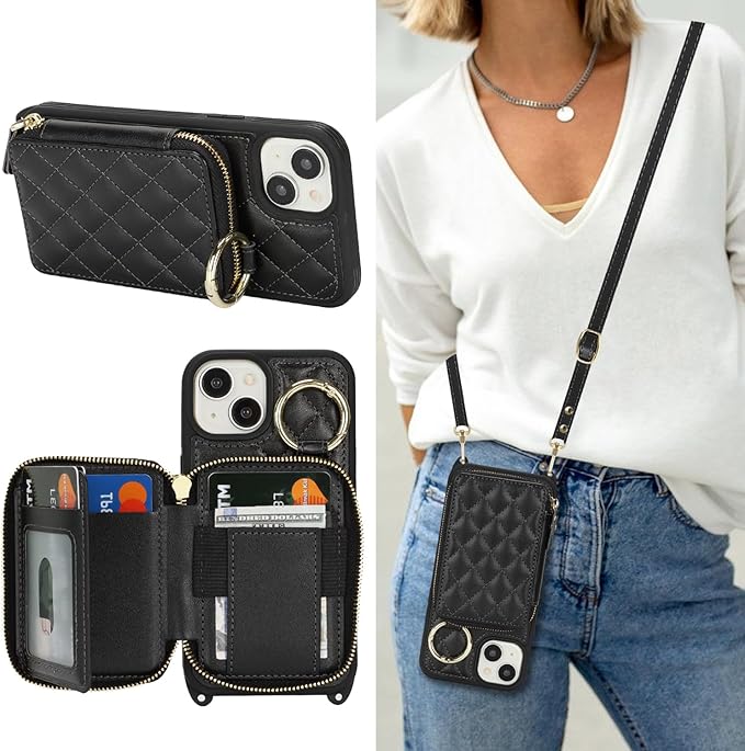 Crossbody Wallet Case for iPhone 14, PU Leather Zipper Handbag Purse Flip Cover, Kickstand Folio Case with Card Slots Holder Wrist Strap Lanyard 5G 6.1 Inch-Black