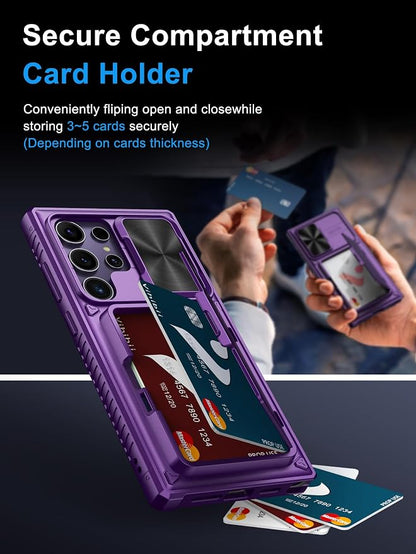 Vihibii for Samsung Galaxy S23 Ultra Case with Card Holder (4 Cards), Built-in 2X Tempered Glass Screen Protector & Slide Lens Cover & Stand, Rugged & Shockproof Phone Case for S23 Ultra, Dark Purple