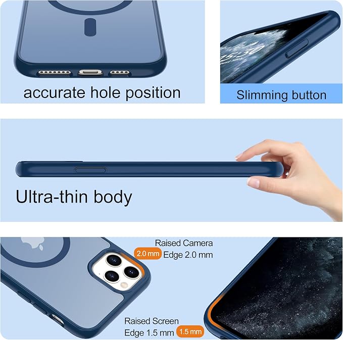 For iPhone 11 Pro Max Case [Compatible with Magsafe] Translucent Matte Magnetic Case with Screen Protector,SlimThin Shockproof Military Grade Drop Protection Cover for iPhone 11 ProMax-Dark blue