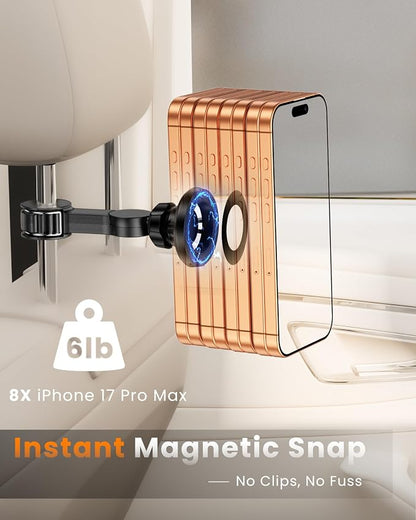 for Magsafe Car Headrest Phone Holder, 6 lb Strong Magnetic Force Headrest Phone Holder Car Mount for All Phone iPhone iPad Travel Accessories with Metal Ring