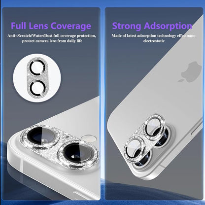 Camera Lens Protector for iPhone 16/iPhone 16 Plus, Bling Glitter Camera Cover with 9H Tempered Glass Metal Ring, Anti-Scratch Lens Protector for iPhone 16/iPhone 16 Plus (Glitter - Silver)