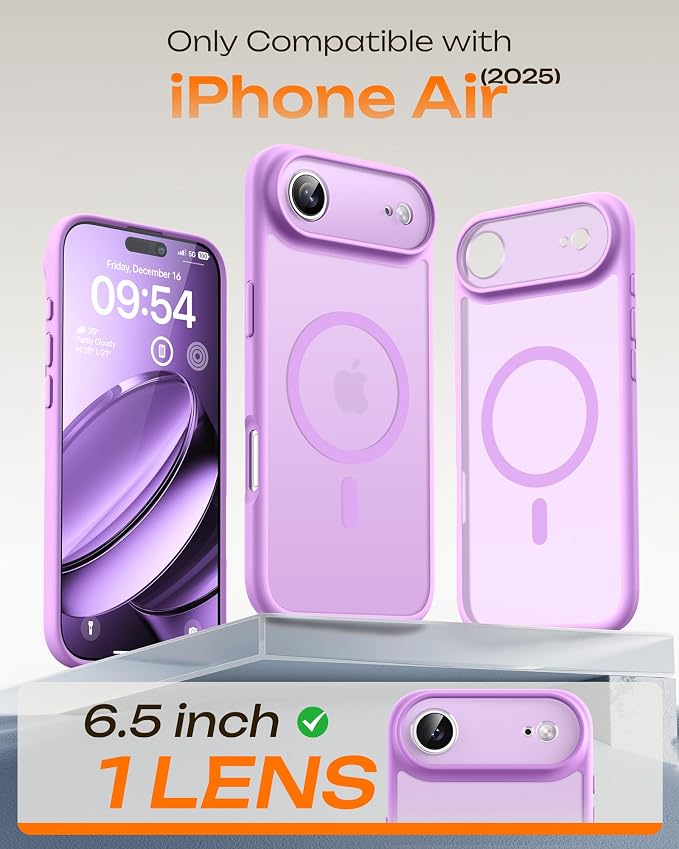 TOCOL for iPhone Air Case, Compatible with Magsafe Charger, Full Camera Protection, Drop Protection, Translucent Matte Phone Case for iPhone 17 Air 6.5 inch (Light Purple)