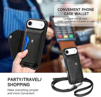 LUCKYCOIN for iPhone Air Crossbody Wallet Case – Genuine Leather Phone Purse with Adjustable Strap and Card Holder,Lanyard Phone Purse Case for Women,Pebble Grain Black