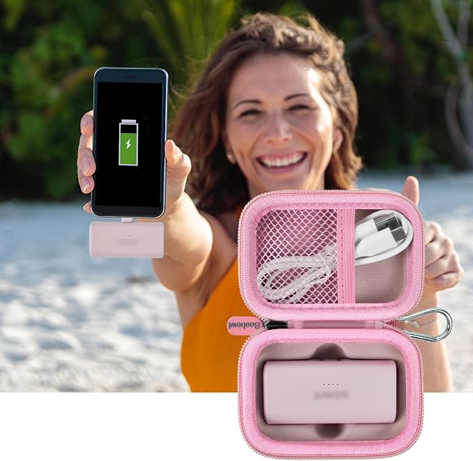 Boobowl Case Compatible with Anker Nano Portable Charger Power Bank, 5,000 Mah, with Built-in Lightning Connector, Charging Battery Pack Storage Holder for amelema/for LanLuk/for Feob (Box Only)-Pink