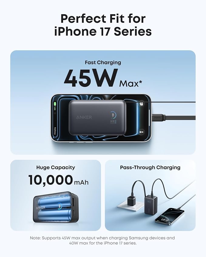 Anker Nano Portable Charger, 45W 10000mAh with 2.3 ft Retractable Cable, Compact Power Bank, Travel Essential Phone Battery Pack for iPhone 17/16 Series, iPad, Galaxy, Pixel, and More