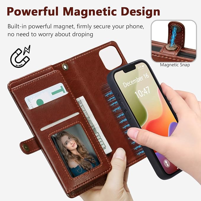 Wallet Case for iPhone 14 Plus with Card Holder/Crossbody Wallet/Strap| RFID Blocking | Magnetic | Kickstand | Detachable | PU Leather Phone Case for iPhone 14 Plus,6.7 in,Brown