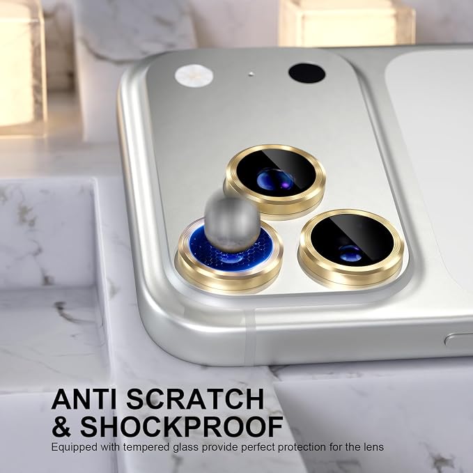 Choiche Compatible for iPhone 17 Pro/iPhone 17 Pro Max Camera Lens Protector, 9H Tempered Glass Camera Cover Screen Protector Metal Ring Decoration Accessories (Gold)