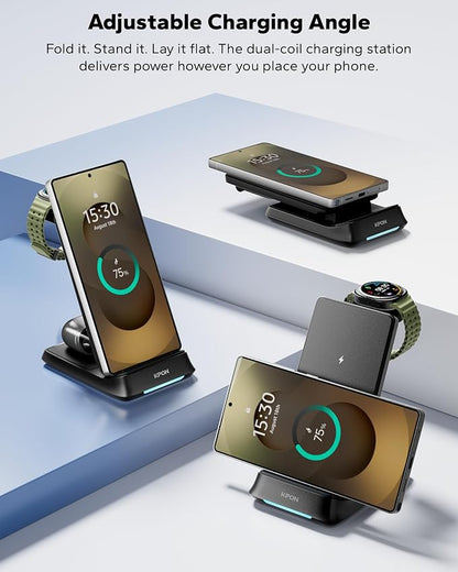 KPON 3 in 1 Charging Station for Samsung, Wireless Charger for Thick Cases, Foldable Phone and Watch Charger Stand for Galaxy S26/S25/S25 Ultra/S24/Z Fold/Android Devices, Galaxy Watch and Earbuds