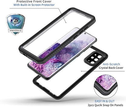 Lanhiem for Samsung Galaxy S20+ Plus Case, IP68 Waterproof Dustproof Shockproof Case with Built-in Screen Protector, Heavy Duty Full Body Protective Cover for Galaxy S20 Plus 5G, Black/Clear