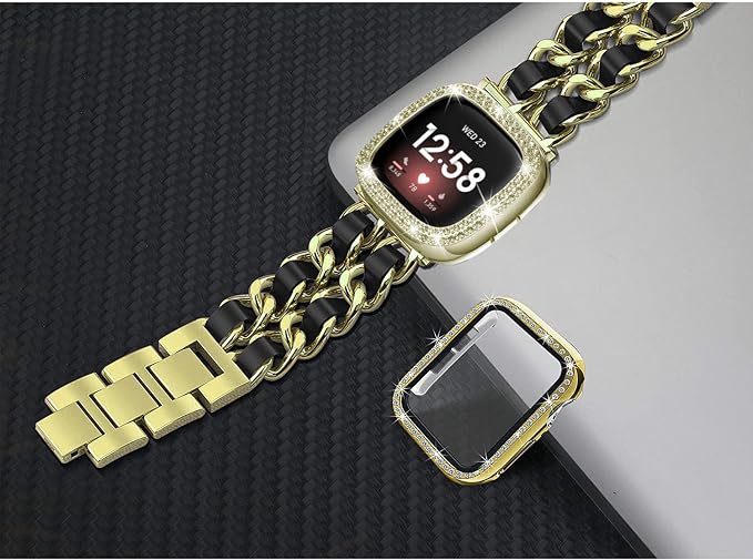 Stainless Steel Bands Compatible for Fitbit Versa 4/Fitbit Sense 2 Smartwatch With Bling Case Cover,Chic Leather Metal Wristband Accessories Strap for Women Bracelet (Gold, Versa 4/Sense 2)