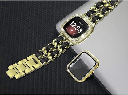 Stainless Steel Bands Compatible for Fitbit Versa 4/Fitbit Sense 2 Smartwatch With Bling Case Cover,Chic Leather Metal Wristband Accessories Strap for Women Bracelet (Gold, Versa 3/Sense)