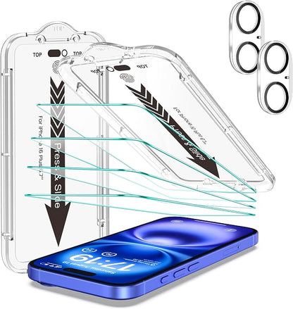 EZ-GLAZ- 4 Pack for iPhone 16 Plus Screen Protector [6.7"] With 2 Pack Camera Lens Protector, 9H+ Hardness 12FT Military Grade Shatterproof Scratch Resistant Durable Tempered Glass Film with Flawless Fit Kit, HD Clear
