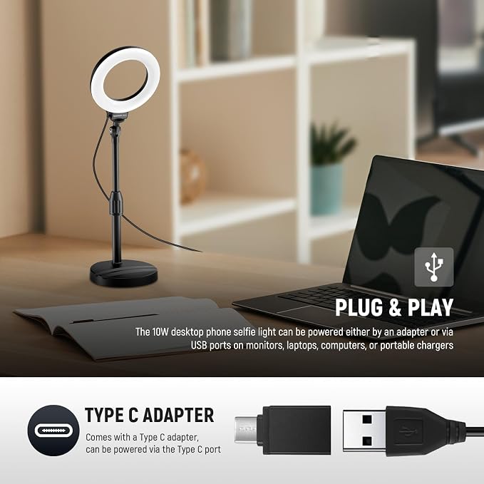 NEEWER Basics 5"/13cm Desk Ring Light with Stand, Phone Holder Base, 10W LED Selfie Light Compatible with iPhone for Video Recording Laptop Webcam Zoom Video Conference Lighting Makeup, Black BR60