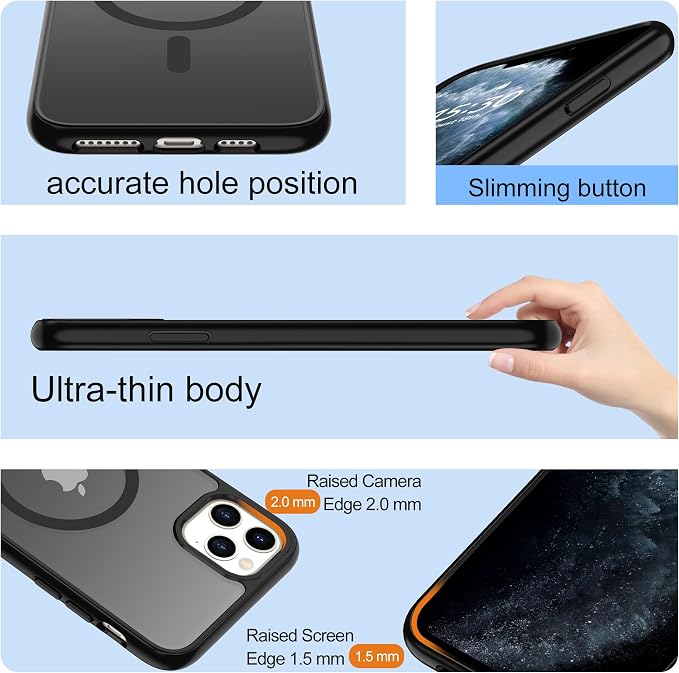 For iPhone 11 Pro Case [Compatible with Magsafe] Translucent Matte Magnetic 11 Pro Phone Case with Screen Protector,SlimThin Shockproof Military Grade Drop Protection Cover for iPhone 11 Pro-Black