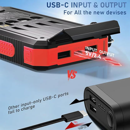 Solar Charger Power Bank 20,000mAh, Portable Charger, 4 Cables 3 Ports Fast Charging External Battery Pack with USB C for Cell Phones, Solar Panel Charger with Dual Flashlight for Camping Red