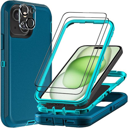 for iPhone 15 Plus Case with 2Pcs Tempered Glass Screen Protector and 1Pcs Camera Lens Protector, Military Grade 3 in 1 Heavy Duty Shockproof/Drop Proof/Dust Proof Case (Blue/Turquoise)