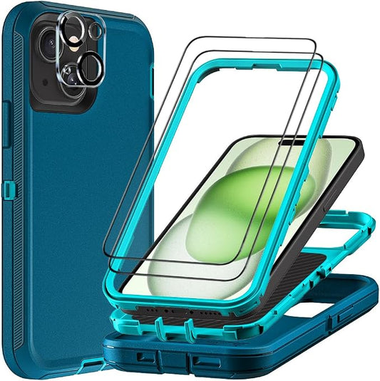 for iPhone 15 Plus Case with 2Pcs Tempered Glass Screen Protector and 1Pcs Camera Lens Protector, Military Grade 3 in 1 Heavy Duty Shockproof/Drop Proof/Dust Proof Case (Blue/Turquoise)