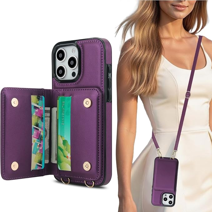 LOHASIC for iPhone 16 Pro Max Case Wallet with Detachable Crossbody Strap & Wrist Lanyard, RFID Blocking, 4 Card Slots 2 Cash Pockets, Vegan Leather Case with Card Holder for Women Girls, Purple