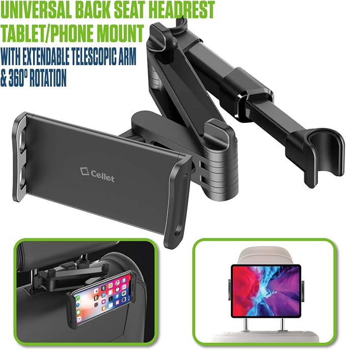 Cellet Universal Car Headrest Mount for Tablets & Phones – 360° Rotating Back Seat Tablet Holder with Extendable Arm – Compatible with iPad Pro/Air/Mini, Samsung Galaxy Tab, iPhone & Kids Devices