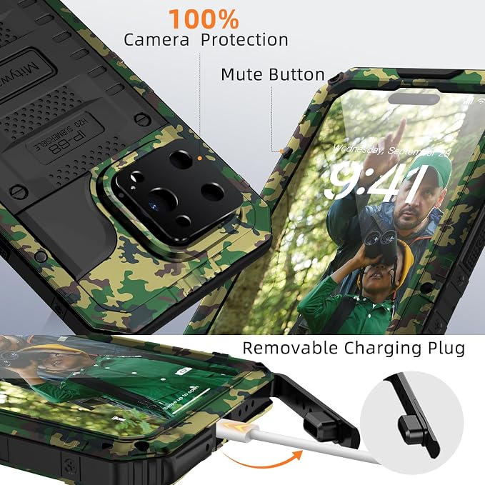 Mitywah Waterproof Case for iPhone 14 Pro, Heavy Duty Shockproof Case with Built-in Screen Protector, Full Body Underwater Protective Metal Case 6.1 inch, Camouflage