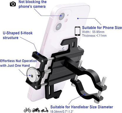 NineLeaf 4Pcs Bike Phone Mount Holder, Aluminum Motorcycle Phone Mount, Bicycle Handlebar Cell Phone Mount Rotatable for Exercise Bike Ebike Scooter Camera Friendly Suitable for 2.2"-3.7" Phones