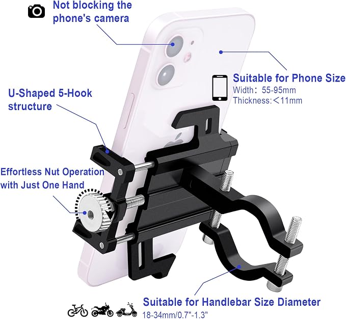 NineLeaf 2PK Bike Phone Mount Holder, Aluminum Motorcycle Phone Mount, Handlebar Mount Phone Holder 90°180°270°360°Rotating for Exercise Bike Ebike Scooter Camera Friendly Suitable for2.2-3.7" Phones