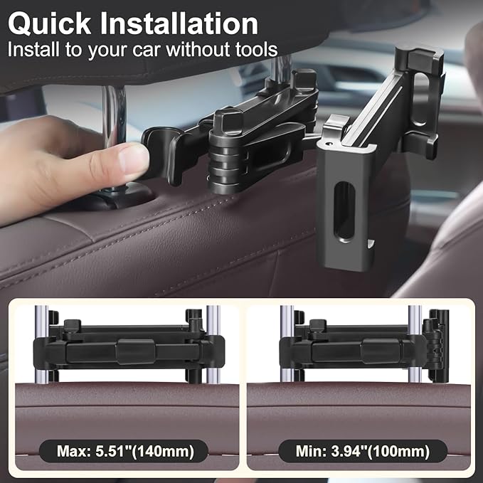 Kairiyard Tablet Holder for Car, 3 in 1 Extension Arm Adjustable Car Headrest Tablet Holder Road Trip Essentials Back Seat Tablets Cars Mount Compatible with iPad Pro, Air, Mini, 4.7-11" Devices