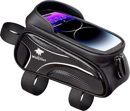 WOLFILIST Bike Bag - Waterproof Bike Frame Bag with Sun-Visor Rain Cover, Bike Phone Holder with TPU Sensitive Touch Screen, Handlebar Bag Bicycle Accessories, Large Capacity Suitable Phone Under 7"