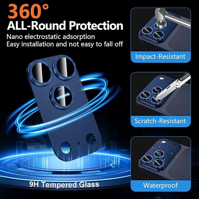 for iPhone 17 Pro Camera Lens Protector, [Military Grade Shatterproof] [Strong Adsorption] [Case Friendly] Full Coverage Metal Aluminum Alloy 9H Tempered Glass Camera Screen Cover, Blue