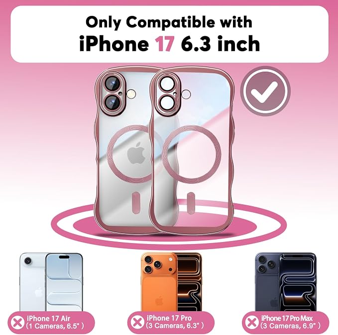 Misscase for iPhone 17 Case with Privacy Screen Protector,Compatible with MagSafe,Cute Wave Frame Anti-Scratch Case with Camera Lens Protector Plating Bling Case for iPhone 17 6.3" Women Pink