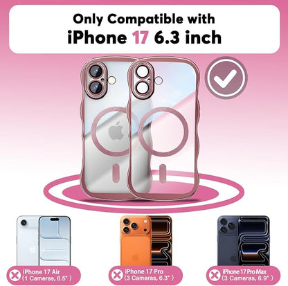 Misscase for iPhone 17 Case with Privacy Screen Protector,Compatible with MagSafe,Cute Wave Frame Anti-Scratch Case with Camera Lens Protector Plating Bling Case for iPhone 17 6.3" Women Pink