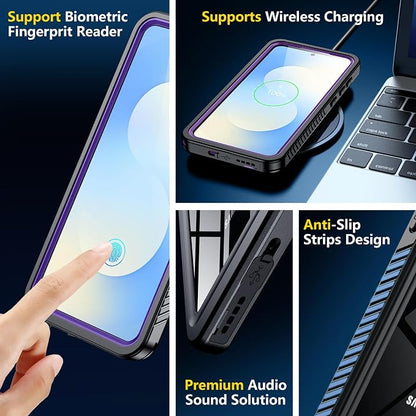 SPIDERCASE Designed for Samsung Galaxy S25 FE Case Waterproof,Built-in Screen & Camera Lens Protector[IP68 Underwater][Military Grade Shockproof] Full Body Protection Phone Case,Purple/Clear