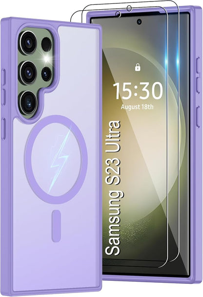 For Samsung Galaxy S23 Ultra Case [Compatible with Magsafe] Translucent Matte Magnetic Phone Case,Slim Thin Duty Shockproof Protection Cover with 2pc Screen Protector for S23 Ultra-Light purple