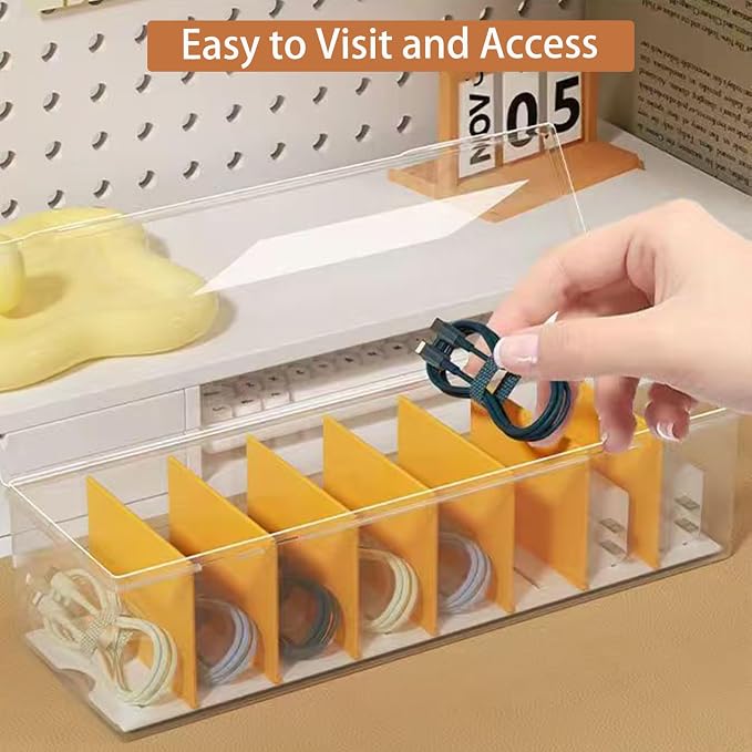 2 Pack Clear Cable Organizer Box with Lid, Plastic Charger Cable Cord Storage Organizer, Stackable Office Desk Organizers, Multifunctional Accessories Storage Box Fit in Home Drawer
