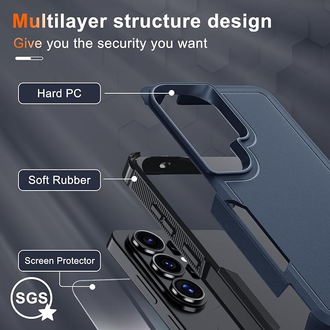 for Samsung Galaxy S26 Ultra Case with Screen Protector+Camera Lens Cover,Military Grade Heavy Duty Shockproof Phone Cover with Wrist Lanyard Strap for Samsung S26Ultra,Navy Blue