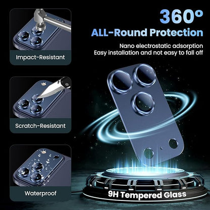 Uyiton Compatible with iPhone 17 Pro Camera Lens Protector - [Not Easy to Break][Strong Adsorption][Case-Friendly] Metal Tempered Glass Rear Camera Screen Cover - Deep Blue