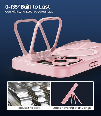 for iPhone 14 Pro Max Case, Compatible with MagSafe, Built-in Camera Ring Stand, with Individual Camera Cover, Translucent Matte Military-Grade Drop Protection Magnetic Case, Pink