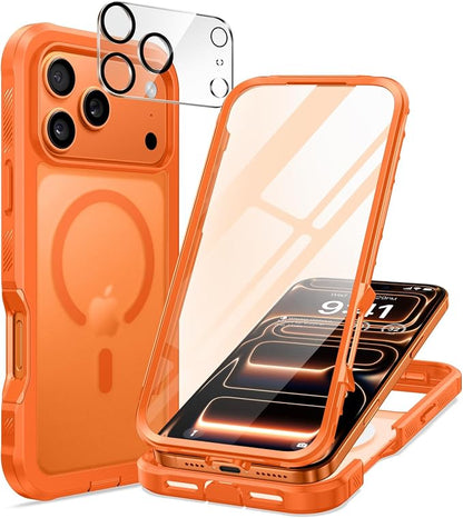 seacosmo for iPhone 17 Pro Max Case, Full Body Bumper with Built-in Tempered Glass Screen and Camera Lens Protector, Compatible with MagSafe, Shockproof 17 Pro Max Phone Case, 6.9", Orange Matte
